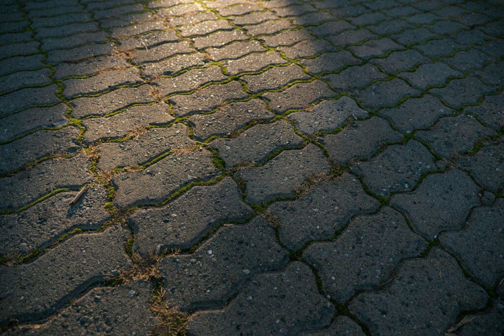 the sun is shining on a cobblestone street
